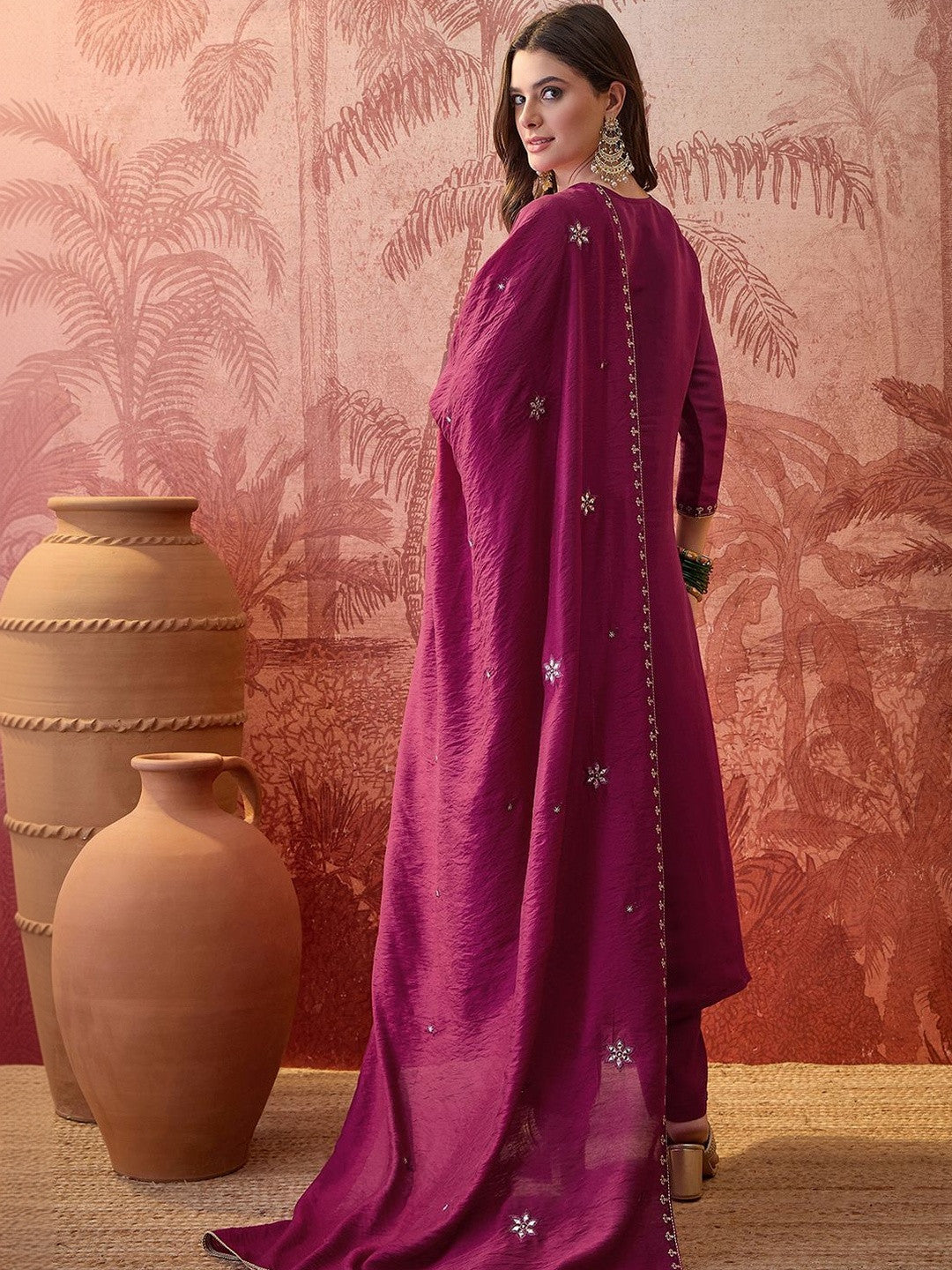 Embroidered Round Neck Straight Kurta & Trousers With Dupatta