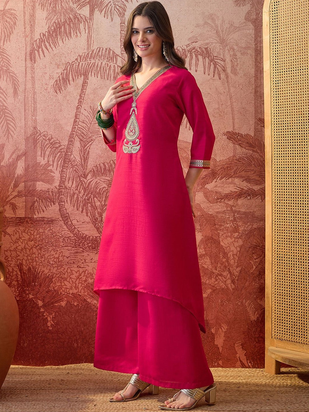 Embroidered V-Neck Kurta & Palazzos Kurta Set