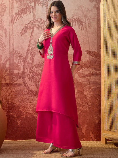 Embroidered V-Neck Kurta & Palazzos Kurta Set