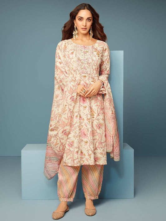 Women's LB Pink Printed Cotton Straight Suit With Dupatta