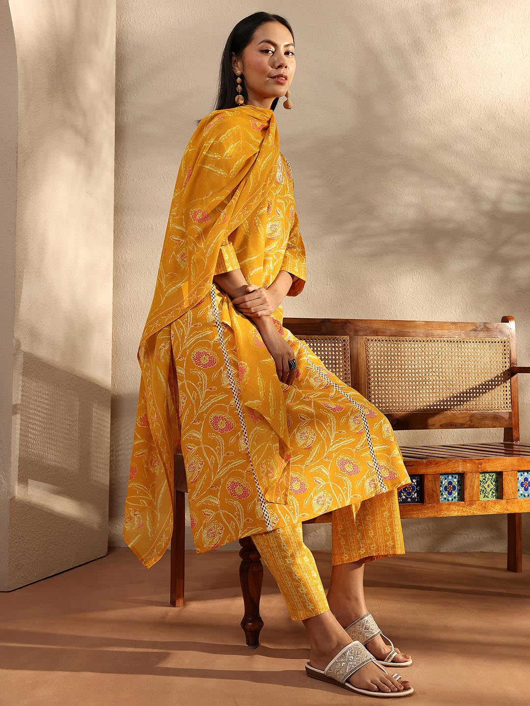 Libas Yellow Floral Printed Cotton A-Line Suit Set With Dupatta