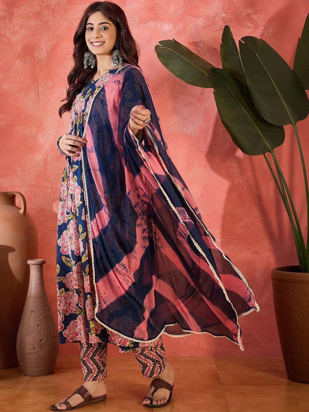 Printed Pure Cotton V-Neck A-Line Kurta & Trousers With Dupatta