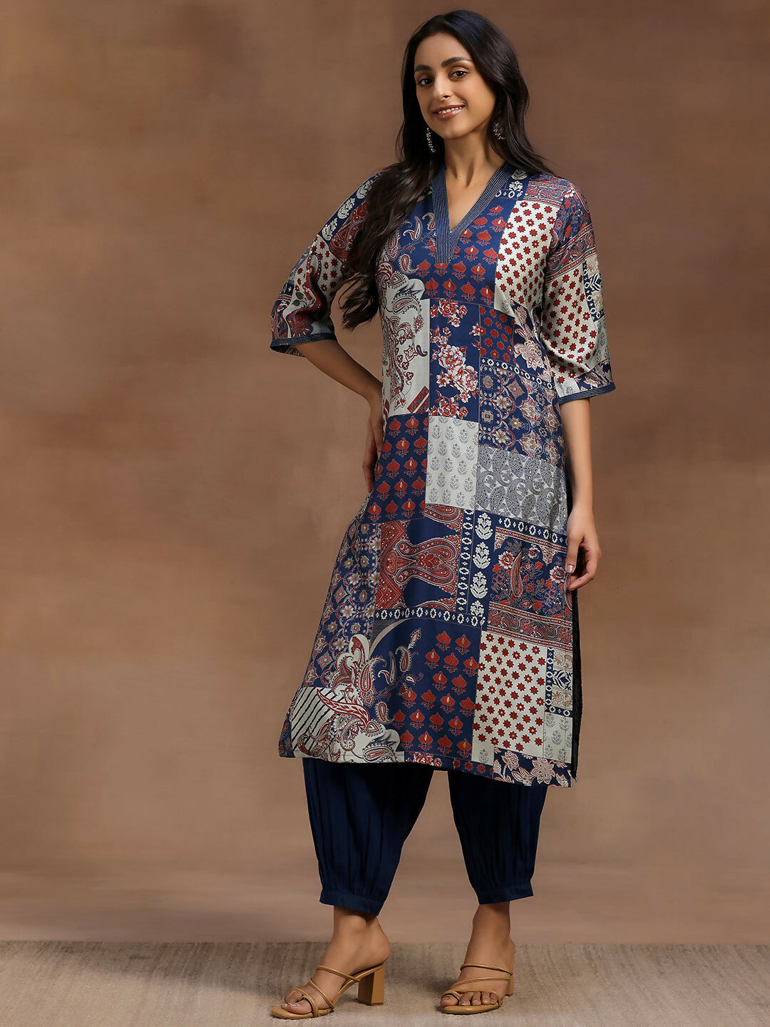 Women's LB Blue Printed Silk Blend Straight Suit With Dupatta