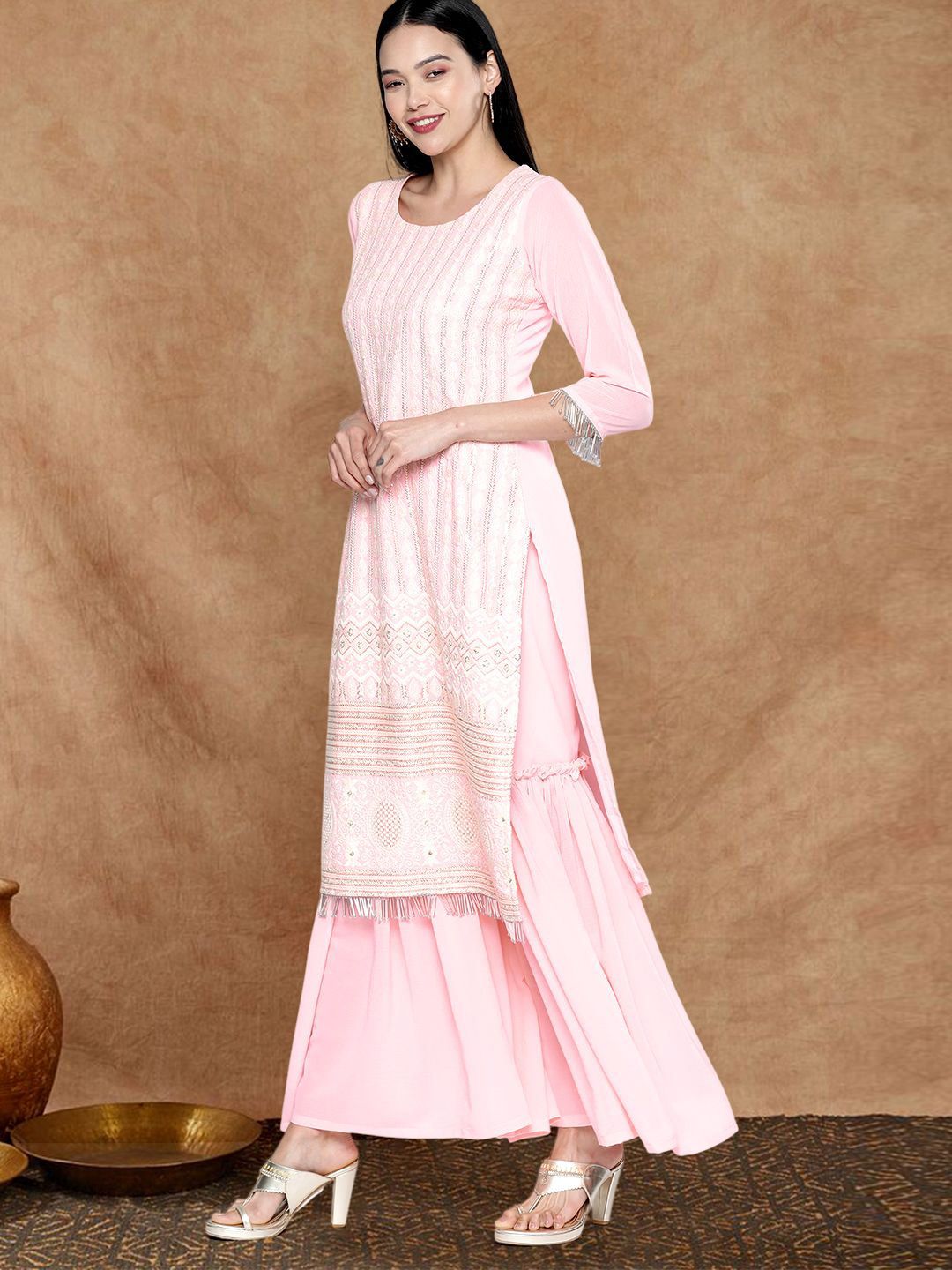 Dhiyona SN Women Geometric Embroidered Kurta with Sharara & Dupatta