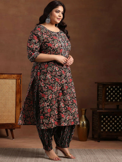 Women's LB Plus Size Black Printed Cotton Straight Suit With Dupatta