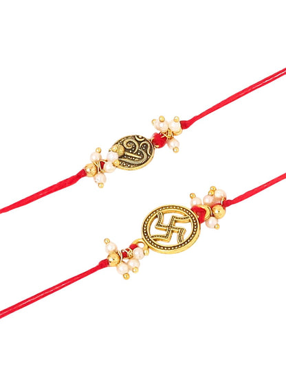 Dhiyona Men Set Of 2 Gold Toned Pearls Swastik Desgin Thread Rakhi With Roli Chawal