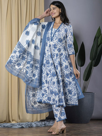 Dhiyona KL Floral Printed V-Neck Pure Cotton Anarkali Kurta With Trousers & Dupatta
