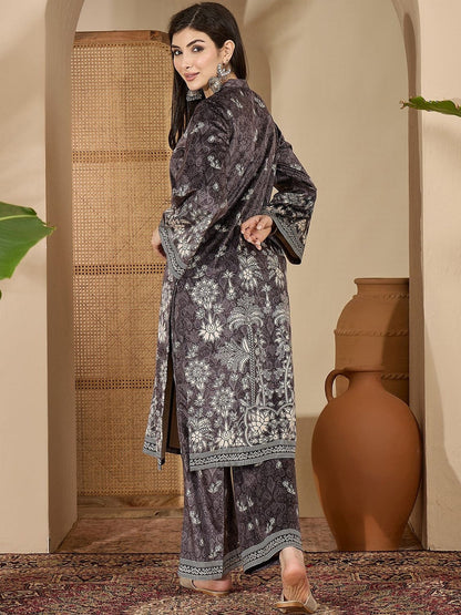 Winter Printed Velvet Mandarin Collar Straight Kurta & Trousers