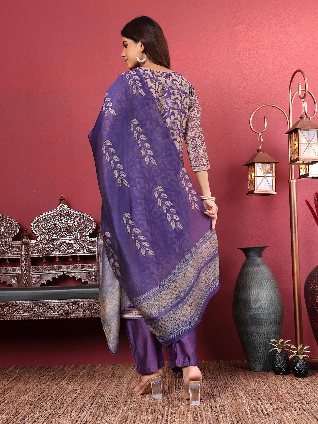 Purple Purple Floral Printed Beads and Stones Chanderi Silk Kurta with Trousers & Dupatta