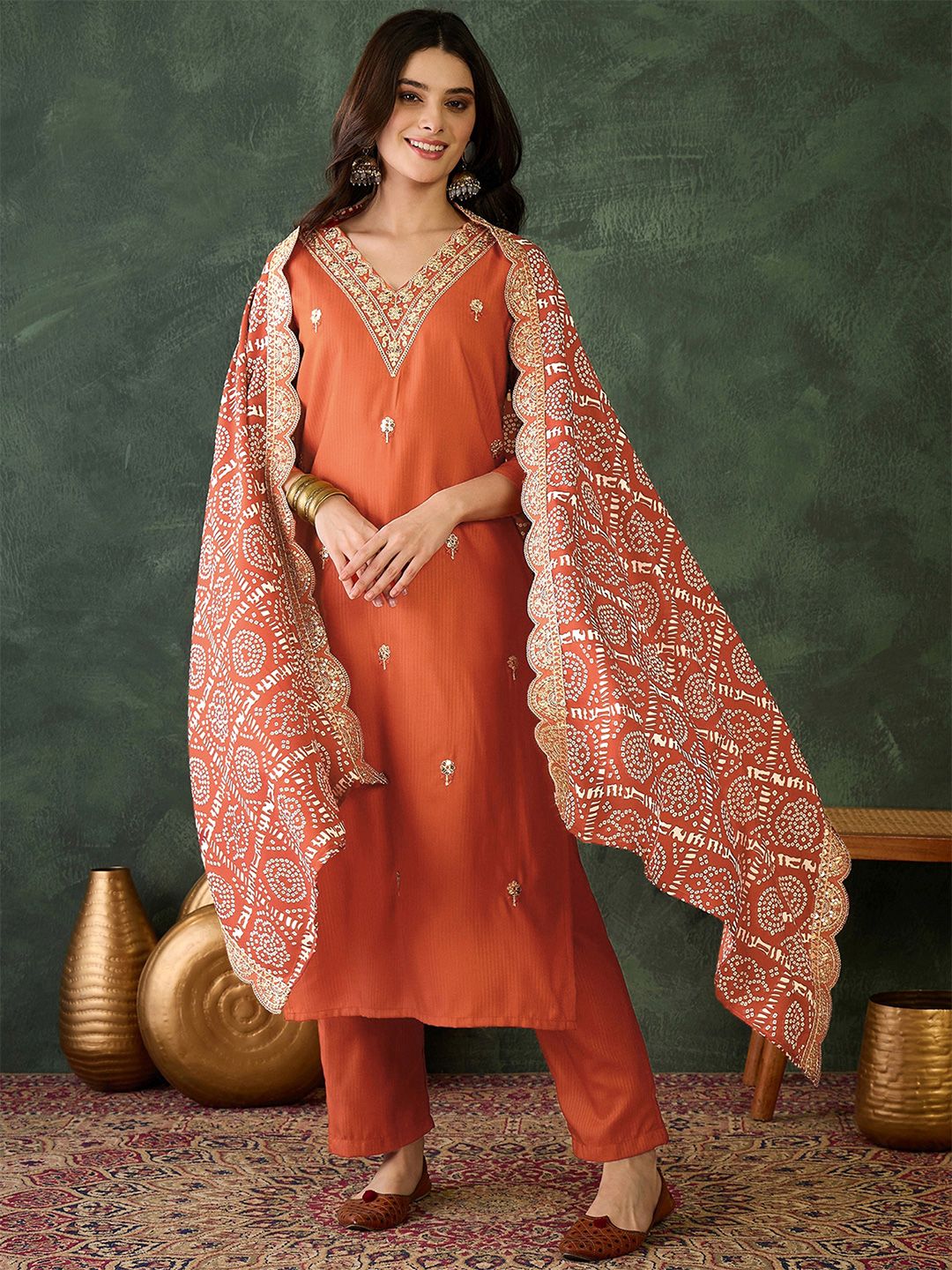 Dhiyona KL Zari Floral Embroidered V-Neck Straight Kurta With Trousers & Dupatta