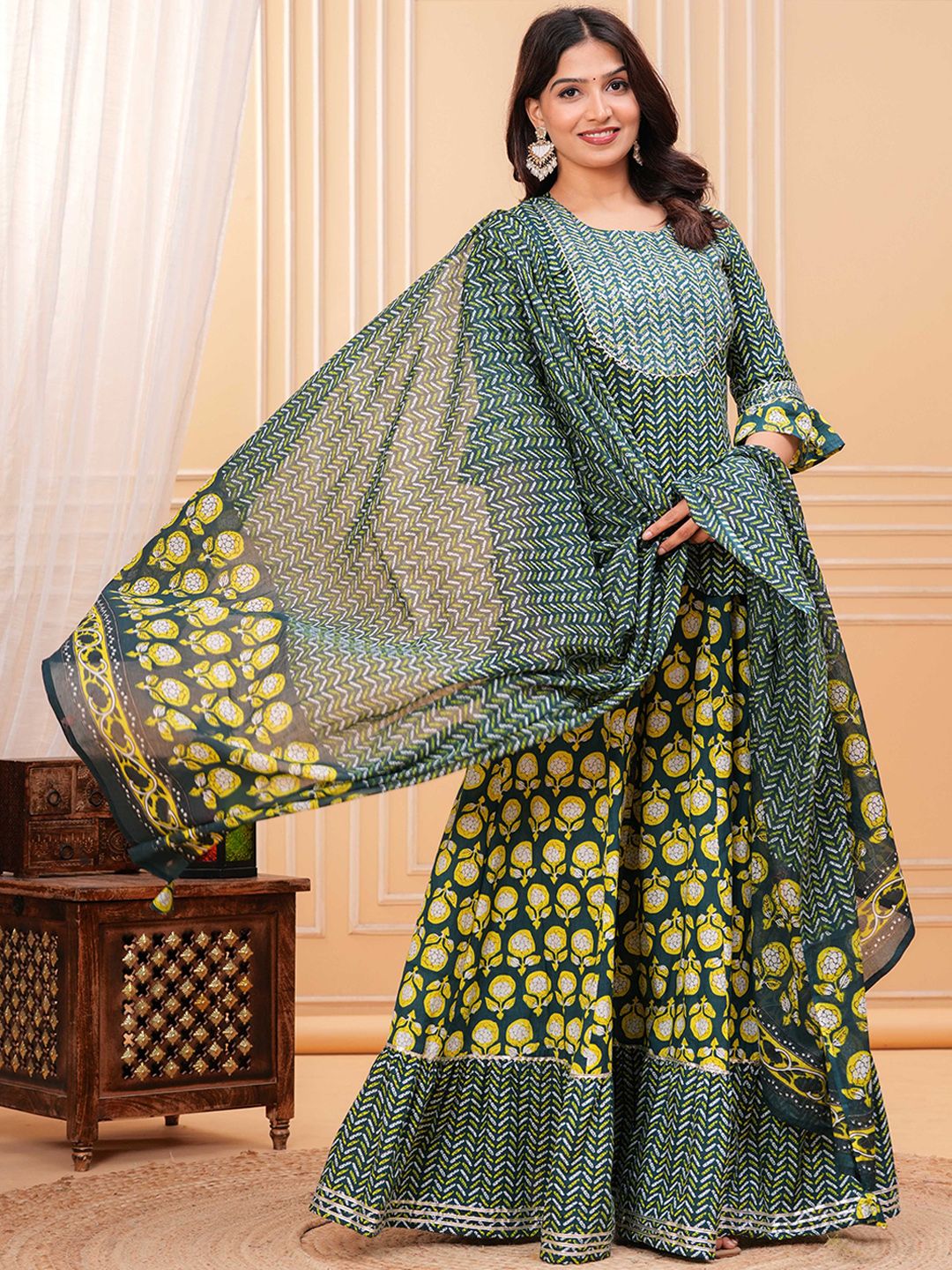 Dhiyona KL Women Ethnic Motifs Printed Cotton A-Line Kurti with Skirt & Dupatta