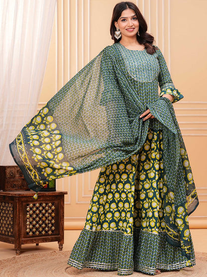 Dhiyona KL Women Ethnic Motifs Printed Cotton A-Line Kurti with Skirt & Dupatta