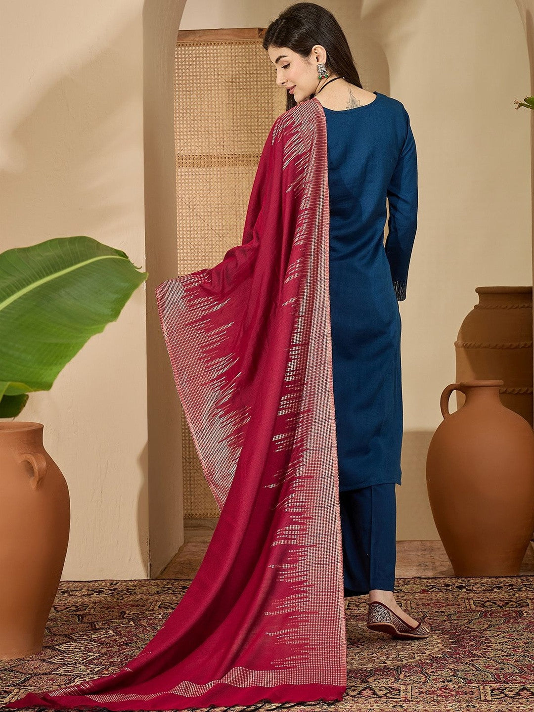Women Winter Pashmina Woven Design Yoke Design Kurta With Palazzos & Dupatta