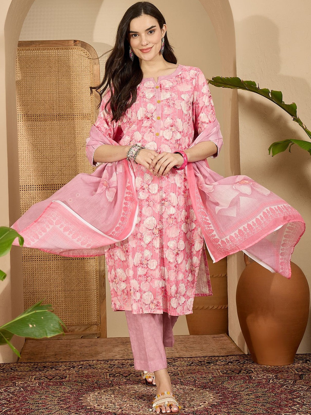 Women Floral Printed Regular Pure Cotton Kurta & Trouser With Dupatta