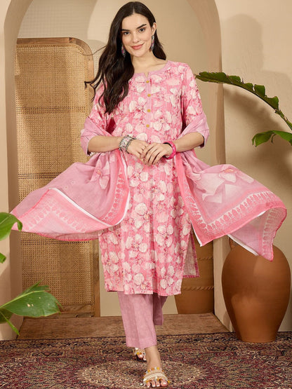 Women Floral Printed Regular Pure Cotton Kurta & Trouser With Dupatta
