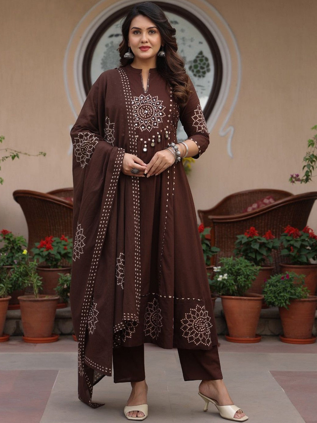 Women Ethnic Motifs Printed Panelled Mirror Work Pure Cotton Kurta with Trousers & With Dupatta