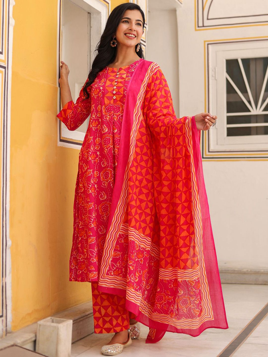 Dhiyona RR Women's Floral Printed Cotton A-Line Kurta with Trousers & Dupatta