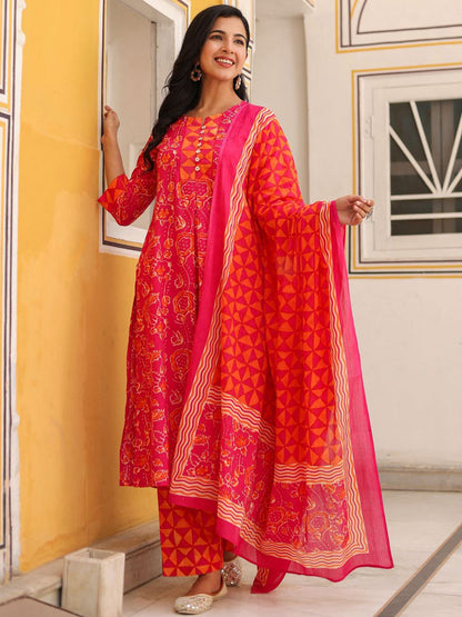 Dhiyona RR Women's Floral Printed Cotton A-Line Kurta with Trousers & Dupatta