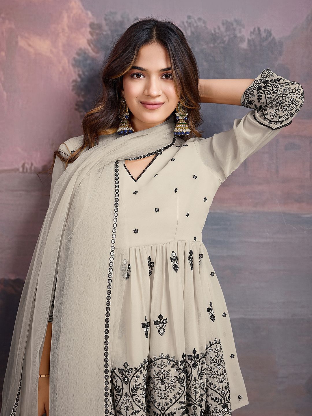 Dhiyona HOP Floral Embroidered Sequinned Georgette Kurta with Sharara & Dupatta