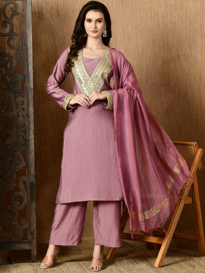 Round Neck Long Sleeves Kurta With Trousers & Dupatta