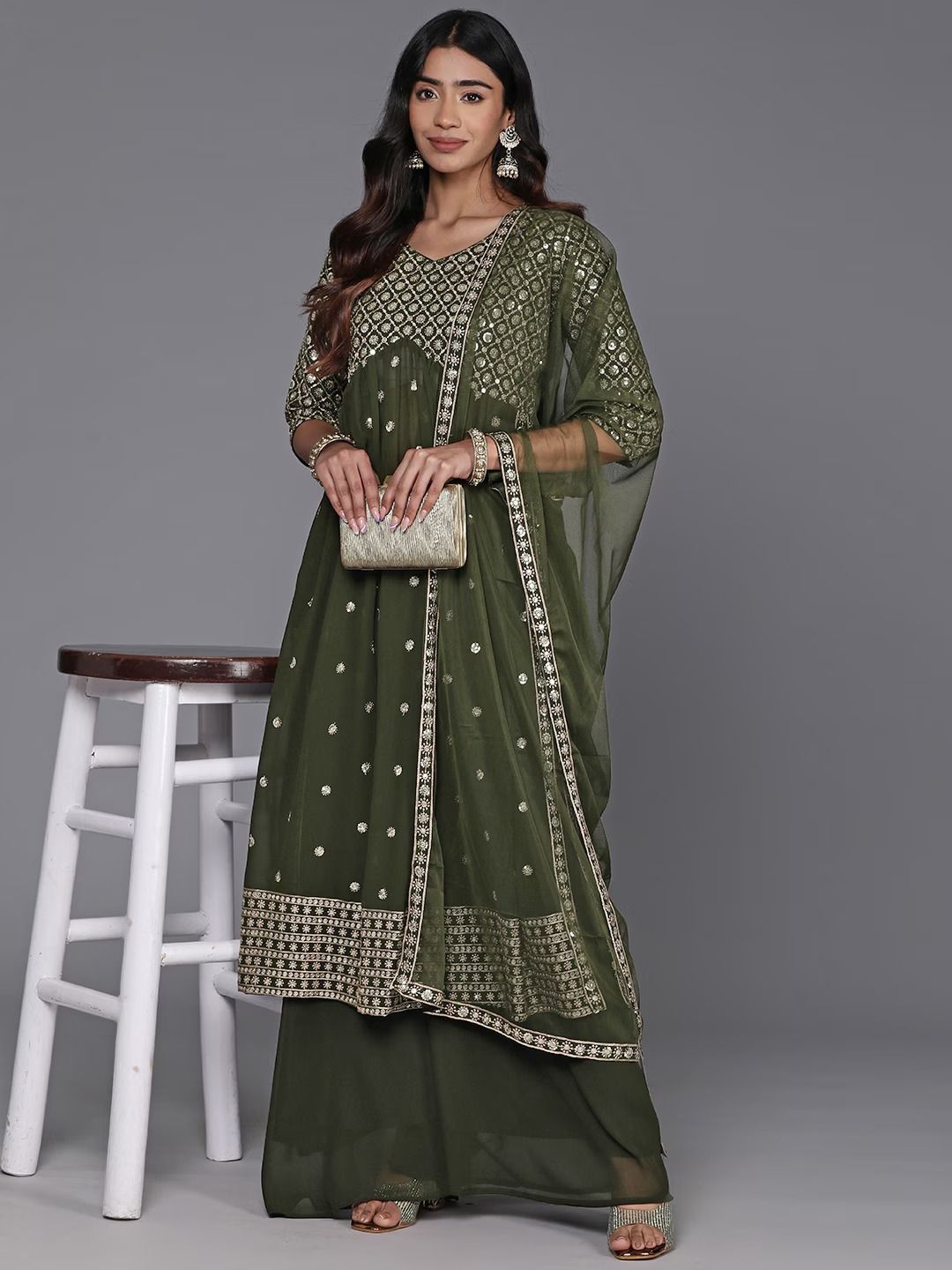 Dhiyona KL Floral Embroidered Pleated Sequinned A-Line Kurta With Palazzos & Dupatta
