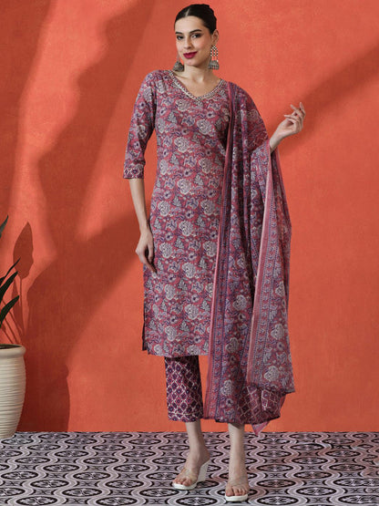 Floral Embroidered Straight Pure Cotton Kurta With Trousers & Dupatta
