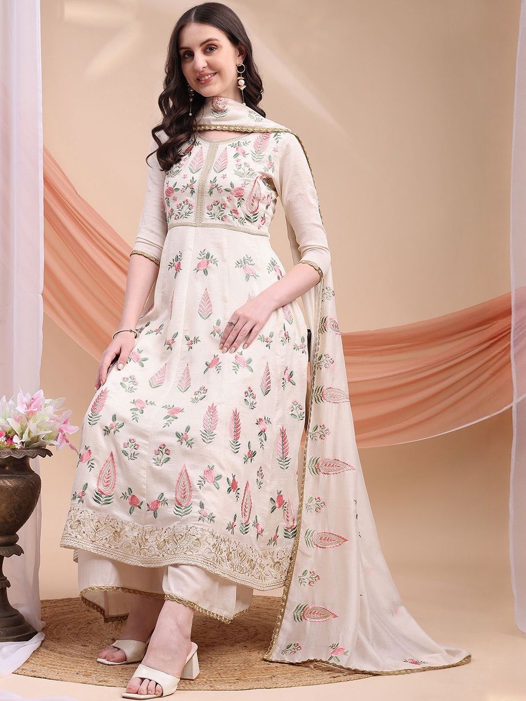 Dhiyona KL Floral Printed Thread Work Pure Silk Anarkali Kurta With Palazzos & Dupatta