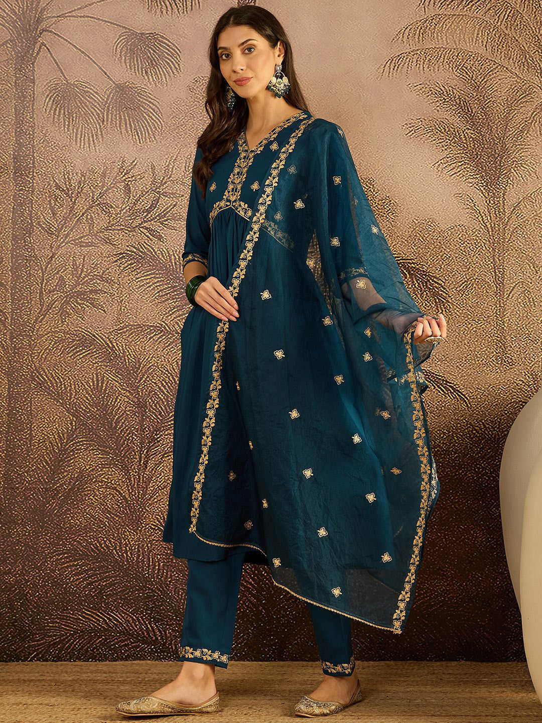 Floral Embroidered Sequinned Thread Work Kurta With Trousers & Dupatta