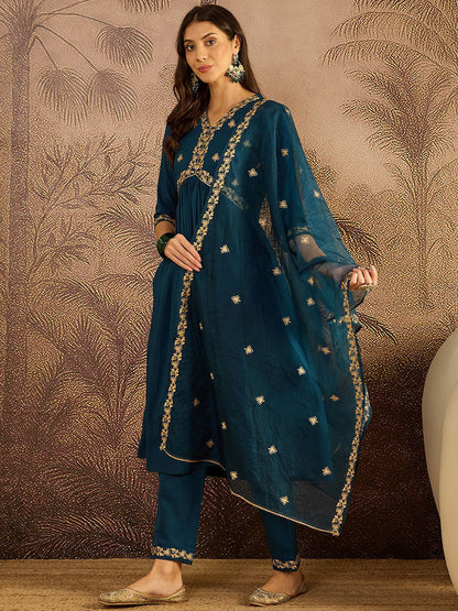 Floral Embroidered Sequinned Thread Work Kurta With Trousers & Dupatta