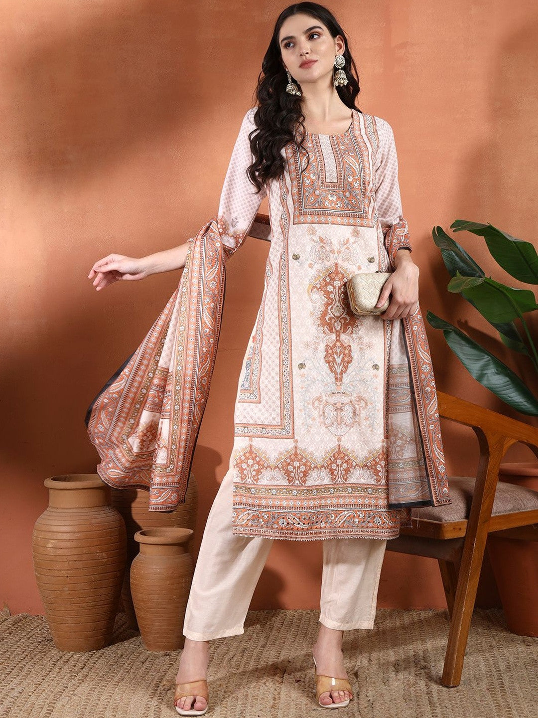 Ethnic Motifs Printed Pure Cotton Straight Kurta with Trouser & Dupatta