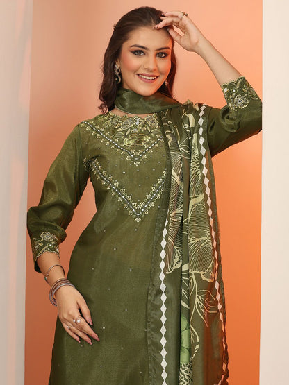 Dhiyona LL Floral Embroidered Round Neck Sequinned Straight Kurta With Palazzos And Dupatta
