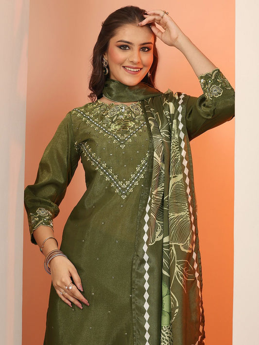 Dhiyona LL Floral Embroidered Round Neck Sequinned Straight Kurta With Palazzos And Dupatta