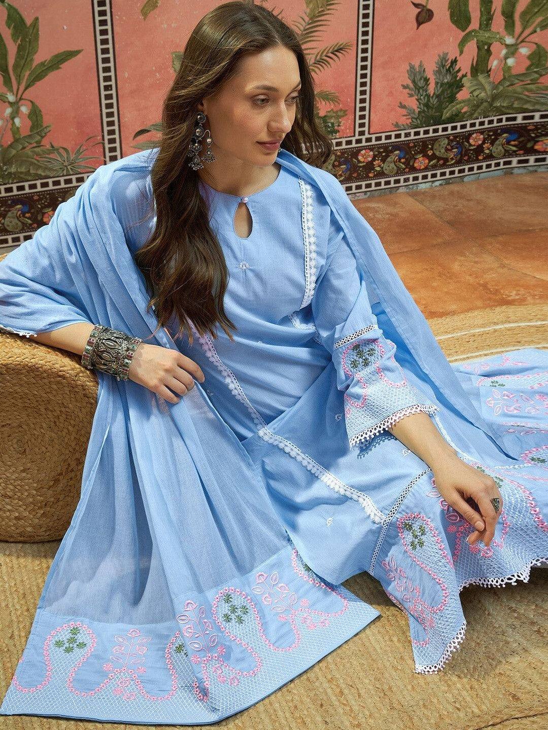Embroidered Pure Cotton Keyhole Neck Kurta & Trousers With Dupatta