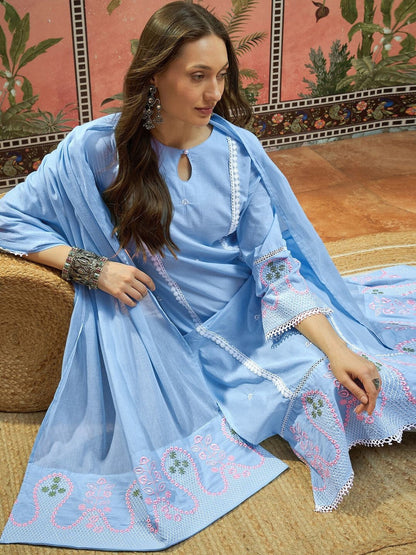 Embroidered Pure Cotton Keyhole Neck Kurta & Trousers With Dupatta