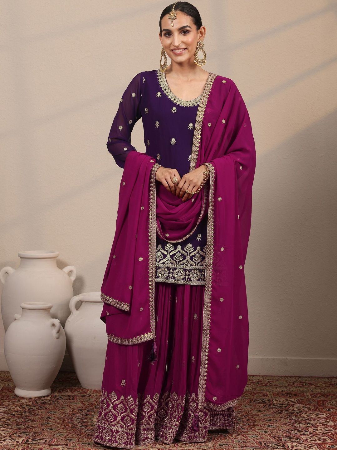 Dhiyona LL Women Ethnic Motifs Embroidered Regular Kurta with Sharara & With Dupatta