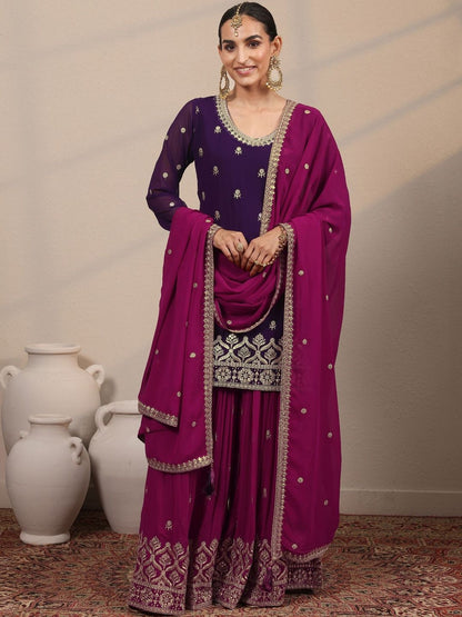 Dhiyona LL Women Ethnic Motifs Embroidered Regular Kurta with Sharara & With Dupatta