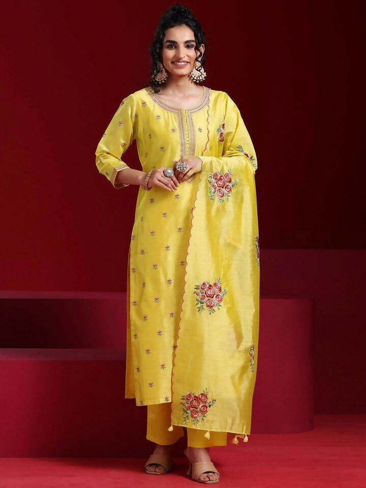 Women's LB Art Yellow Embroidered Chanderi Silk Straight Suit With Dupatta