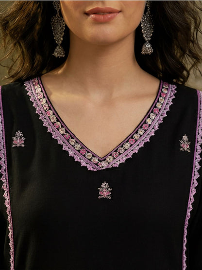 Embroidered V-Neck A-Line Kurta & Trousers With Dupatta