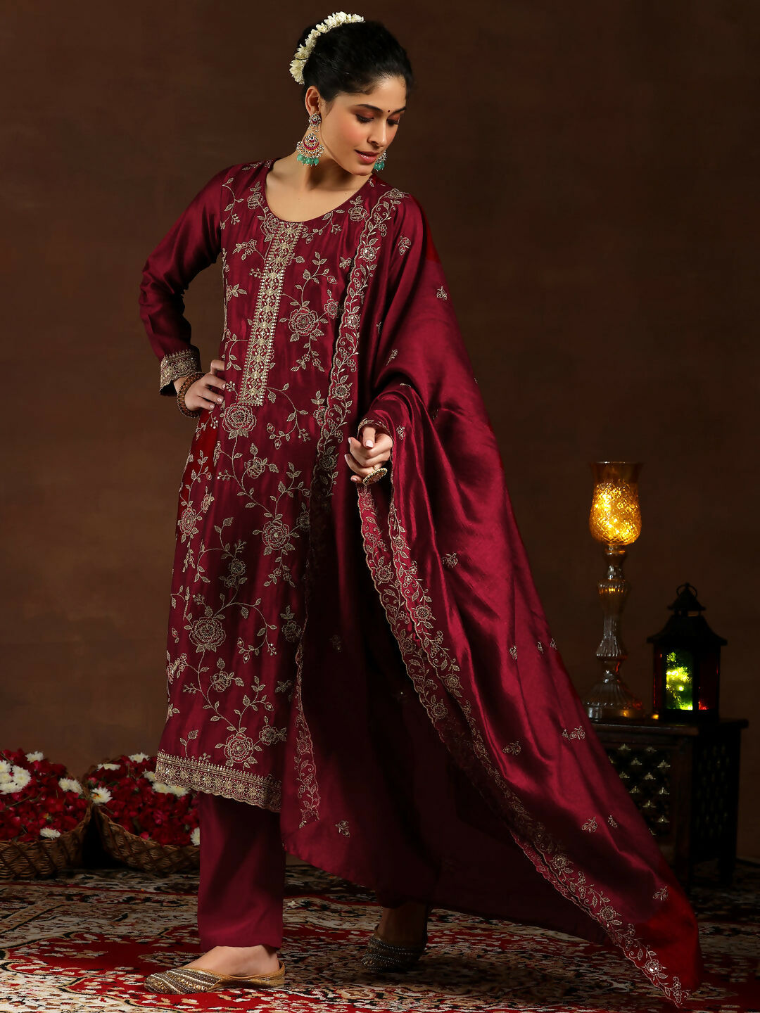 Women's LB Maroon Embroidered Silk Blend Straight Suit With Dupatta