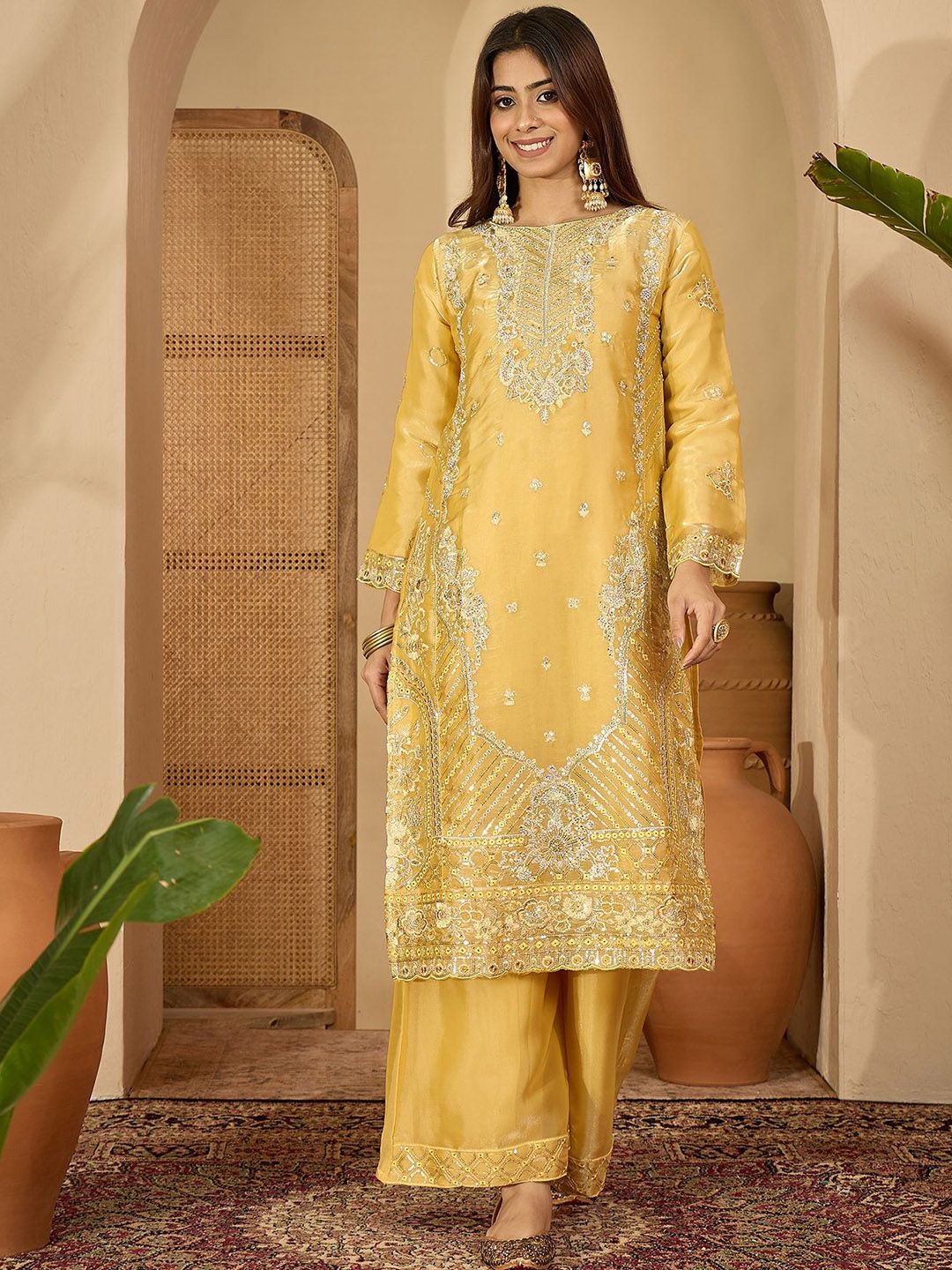 Dhiyona SN Floral Embroidered Sequinned Jimmy Choo Straight Kurta With Palazzo & Dupatta