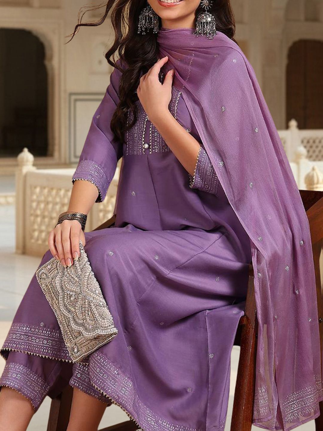 Dhiyona KL Floral Printed Gotta Patti Anarkali Kurta with Trousers & With Dupatta