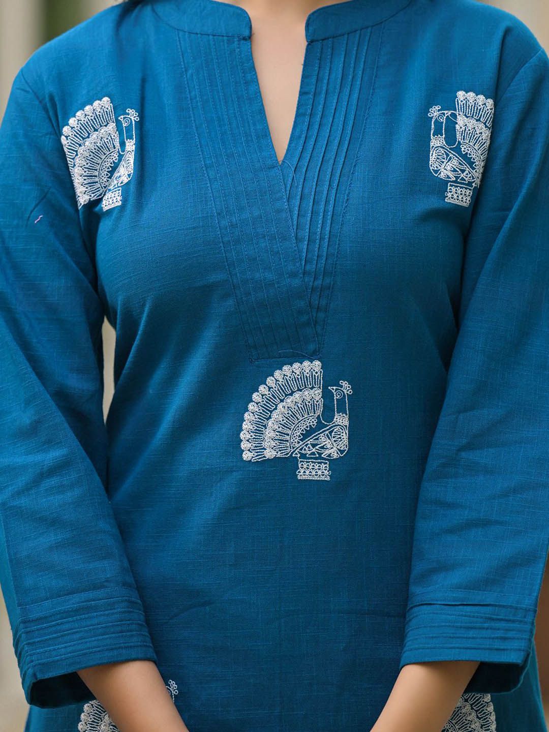 Dhiyona IE Embroidered Mandarin Collar Pure Cotton Tunic With Palazzo