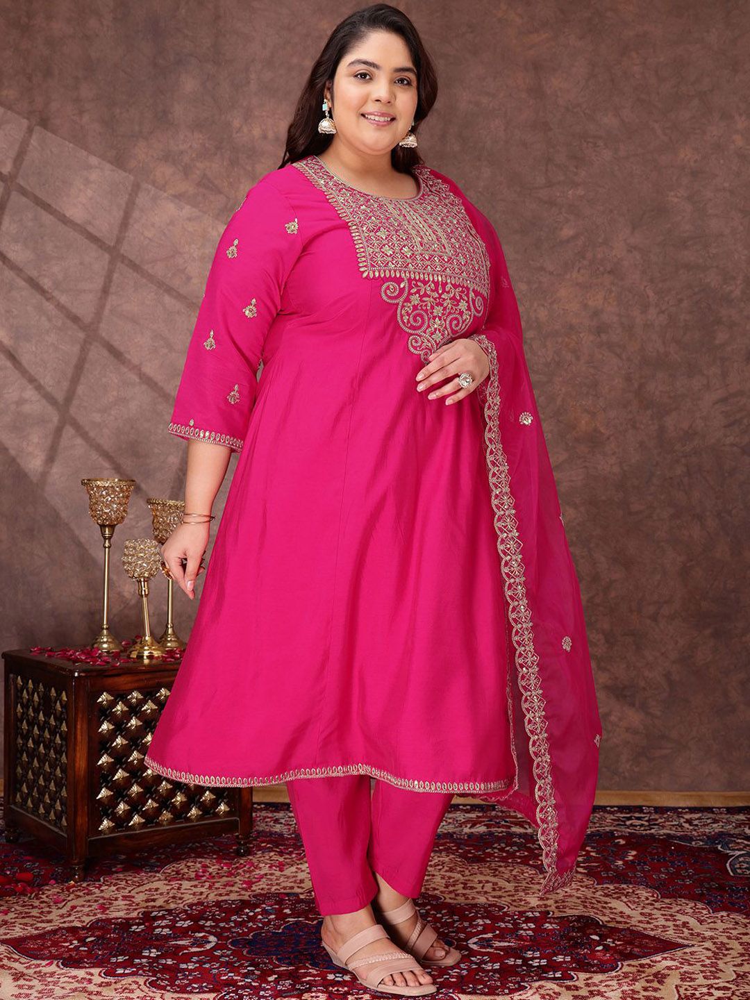 Dhiyona IN Floral Yoke Design Sequinned Anarkali Kurta With Palazzos & Dupatta
