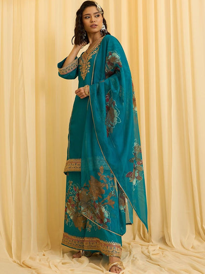 Dhiyona CH Women Floral Embroidered Regular Thread Work Kurta with Palazzos & With Dupatta