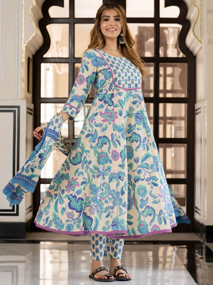 Dhiyona KL Women Floral Printed Regular Thread Work Pure Cotton Kurta with Trousers & Dupatta