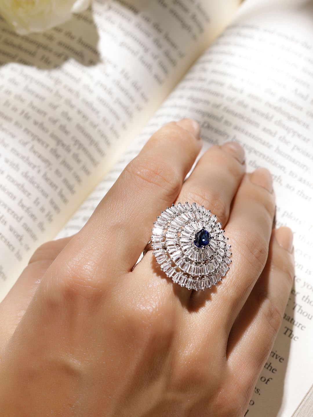 Dhiyona RJ Women's Rhodium-Plated Blue Sapphire & Zirconia Studded Adjustable Finger Ring
