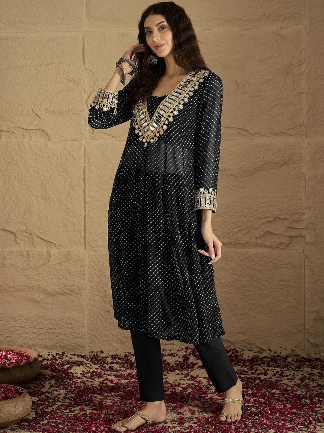 Black Abstract Printed Panelled Square Neck Georgette Straight Kurta With Trousers