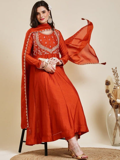 Embroidered Round Neck Kurta & Trousers With Dupatta