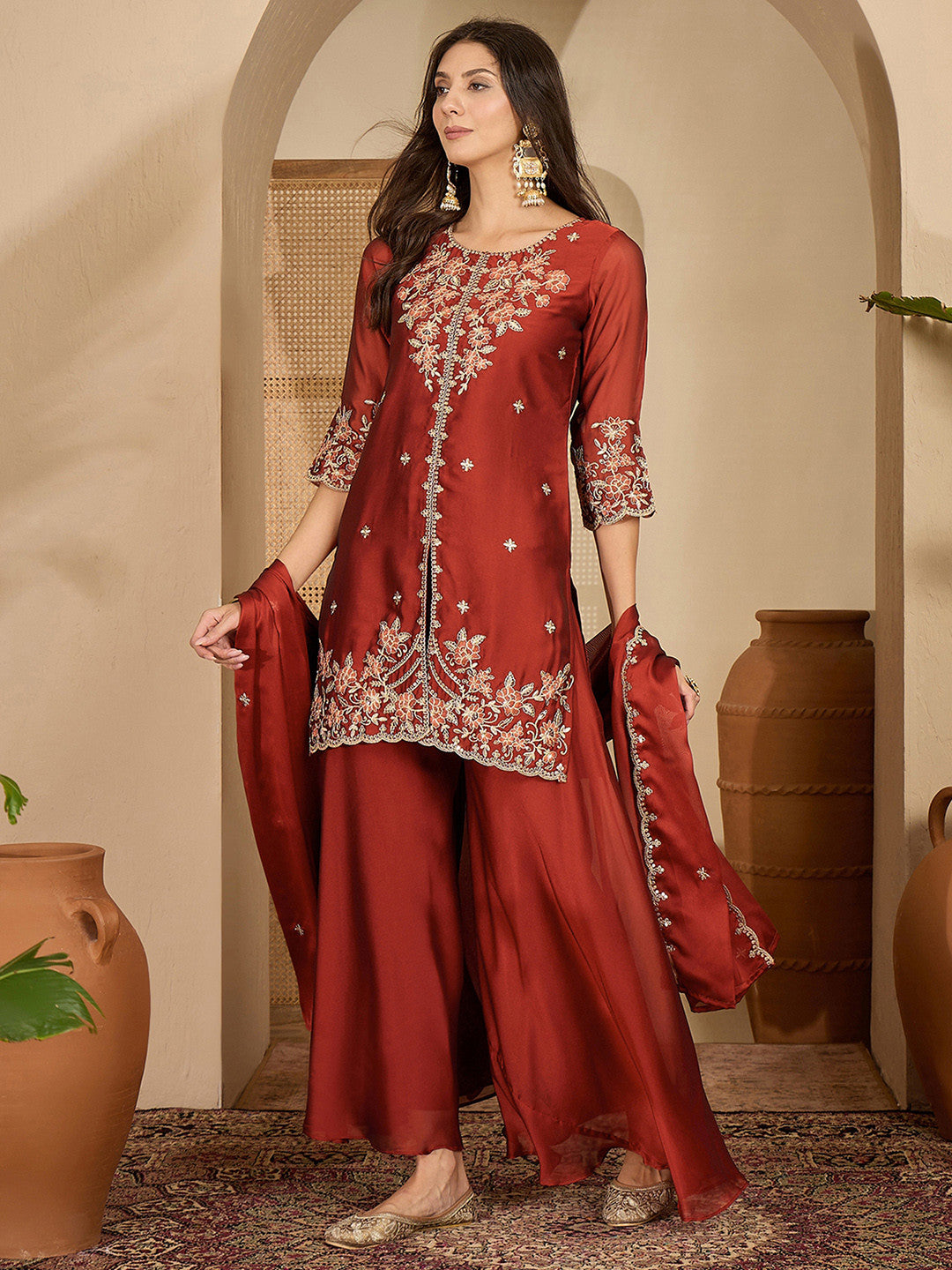Embroidered Round Neck Straight Kurti & Sharara With Dupatta