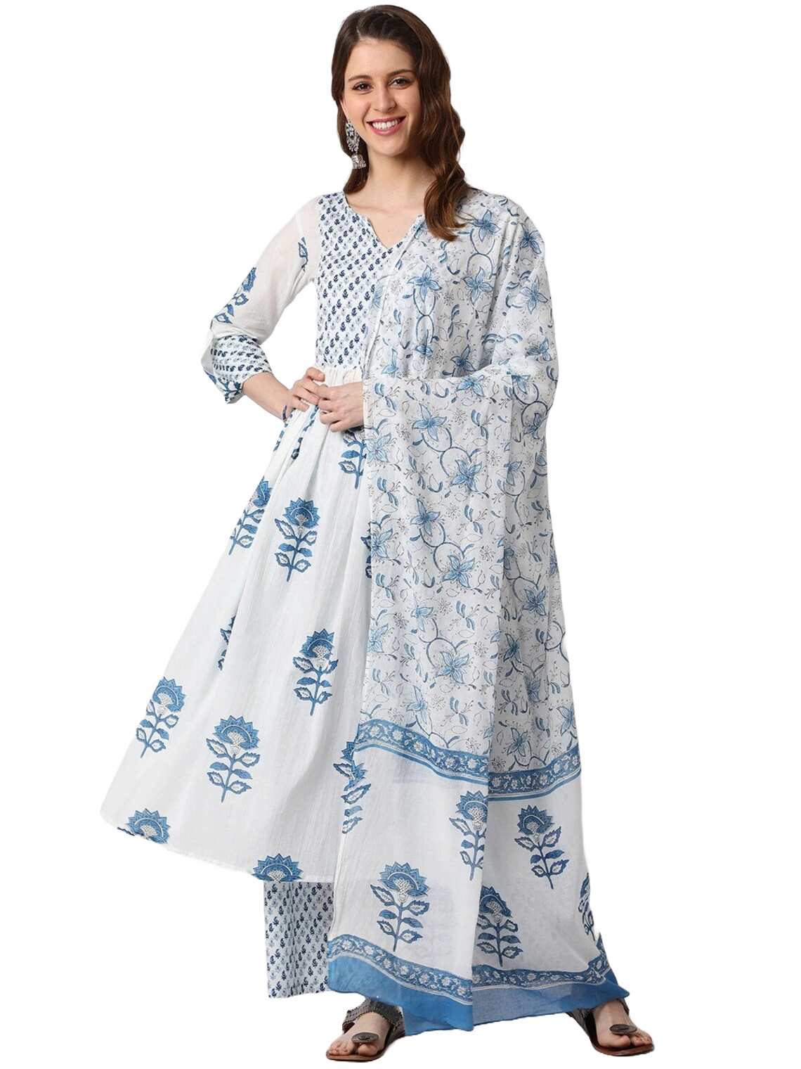 Women White Printed Pure Cotton Kurta, Pant And Dupatta Set